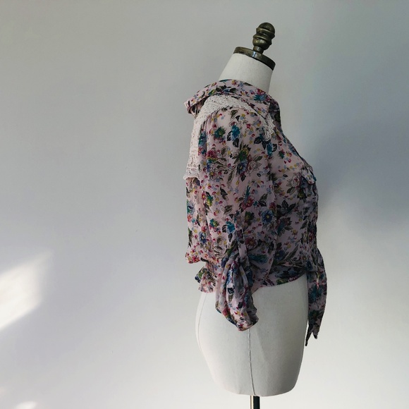 Blouse Sheer Pink Floral AMERICAN RAG Roll Up Sleeves Large - Picture 3 of 9